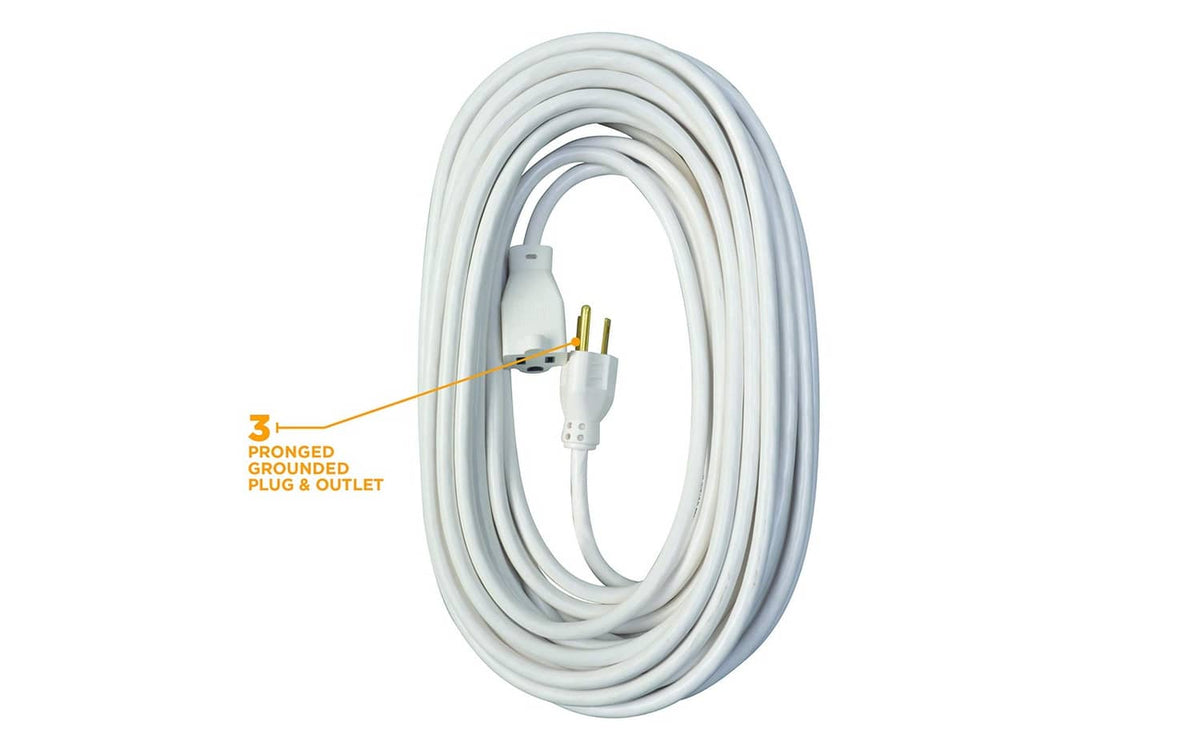 Coiled white 3-prong extension cord with grounded plug and spade prongs