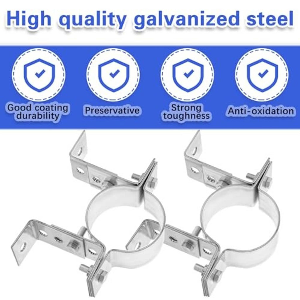 Two galvanized split-ring pipe wall strap brackets with base arms and bolt hardware
