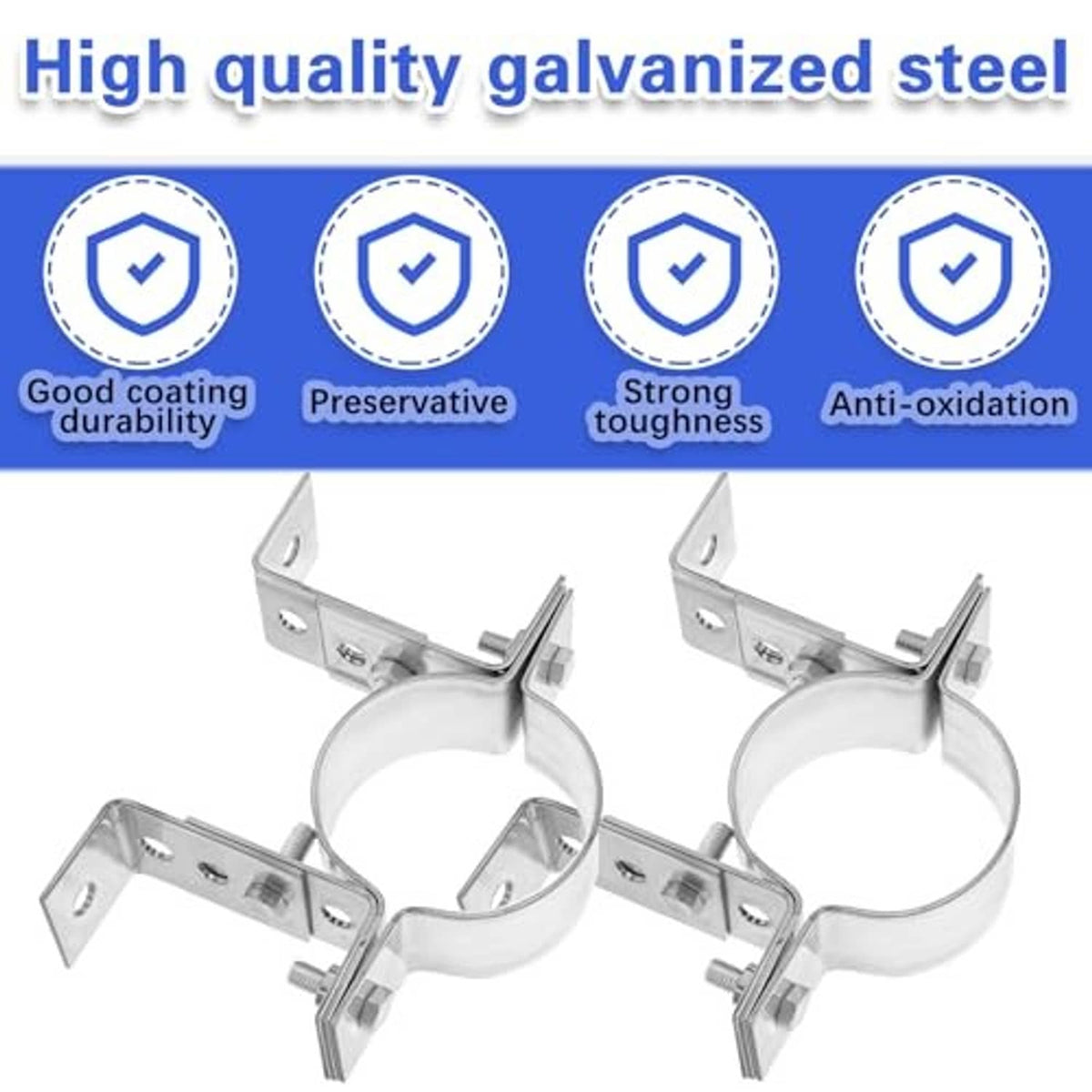 Two galvanized split-ring pipe wall strap brackets with base arms and bolt hardware