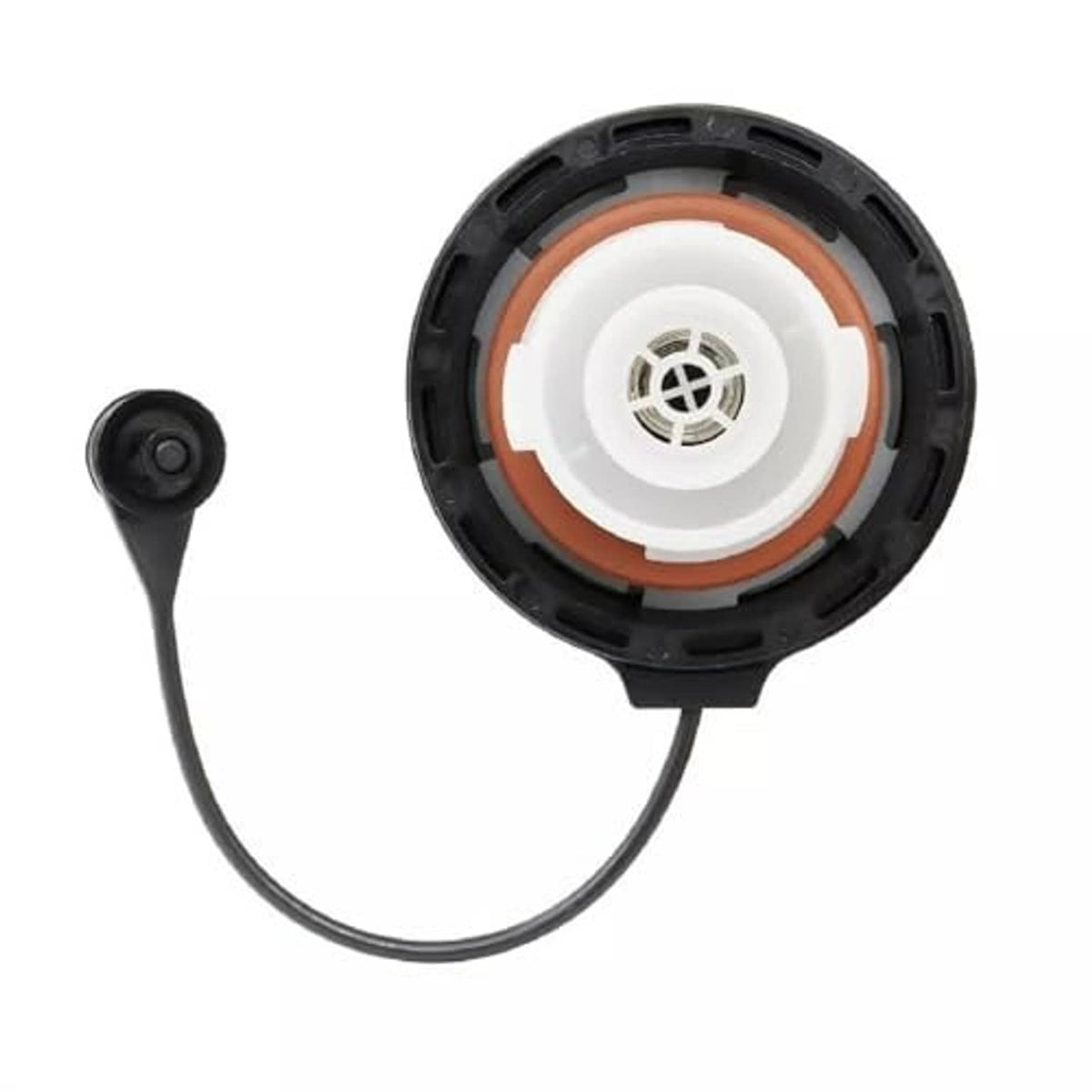 Fuel gas cap underside with circular vent and orange gasket ring, tether cable