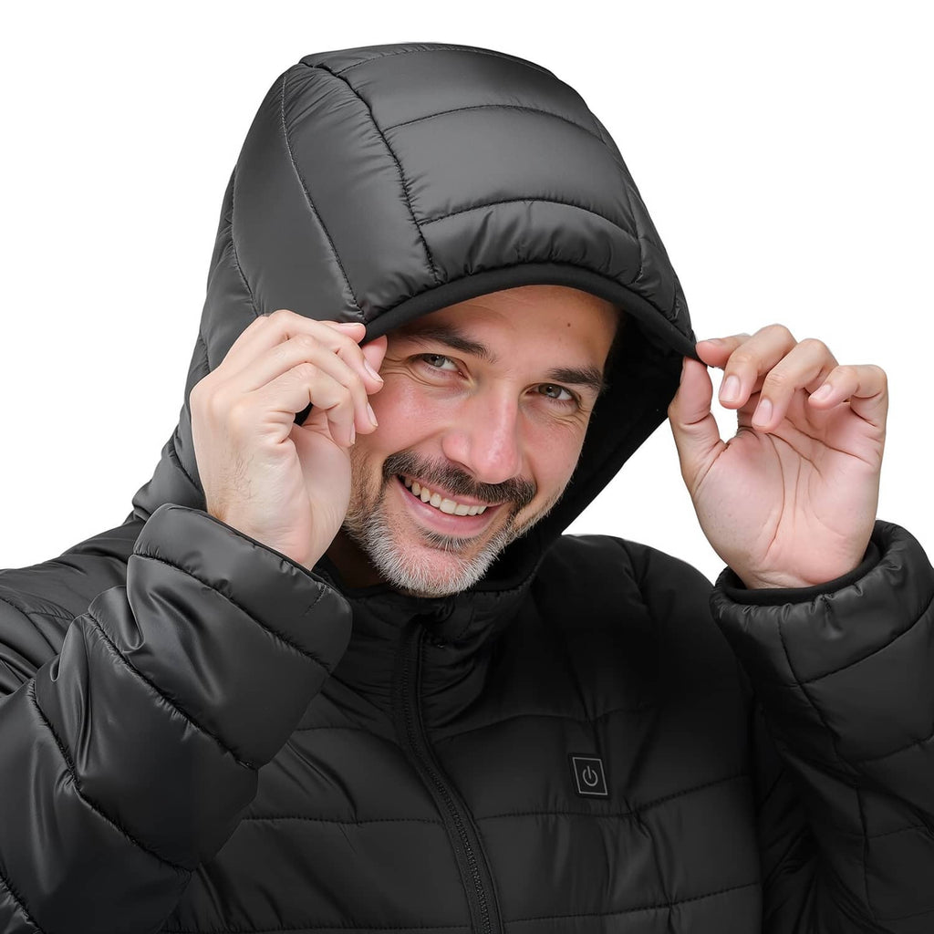 Men's heated puffer jacket with hood, front zipper, and chest logo patch