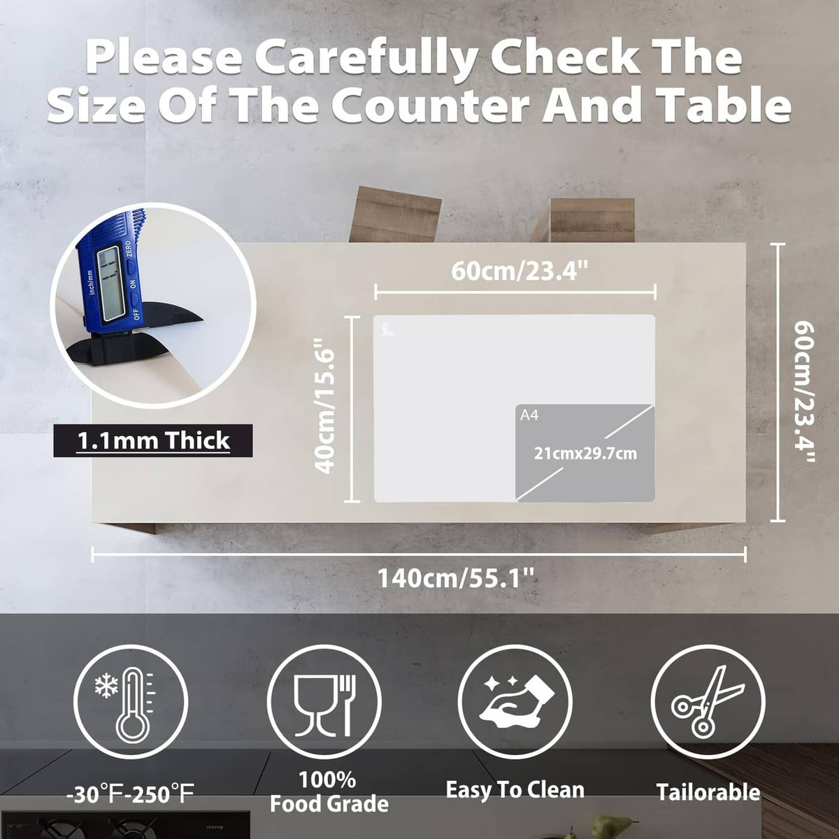 White translucent silicone counter mat sheet, thick protective kitchen liner