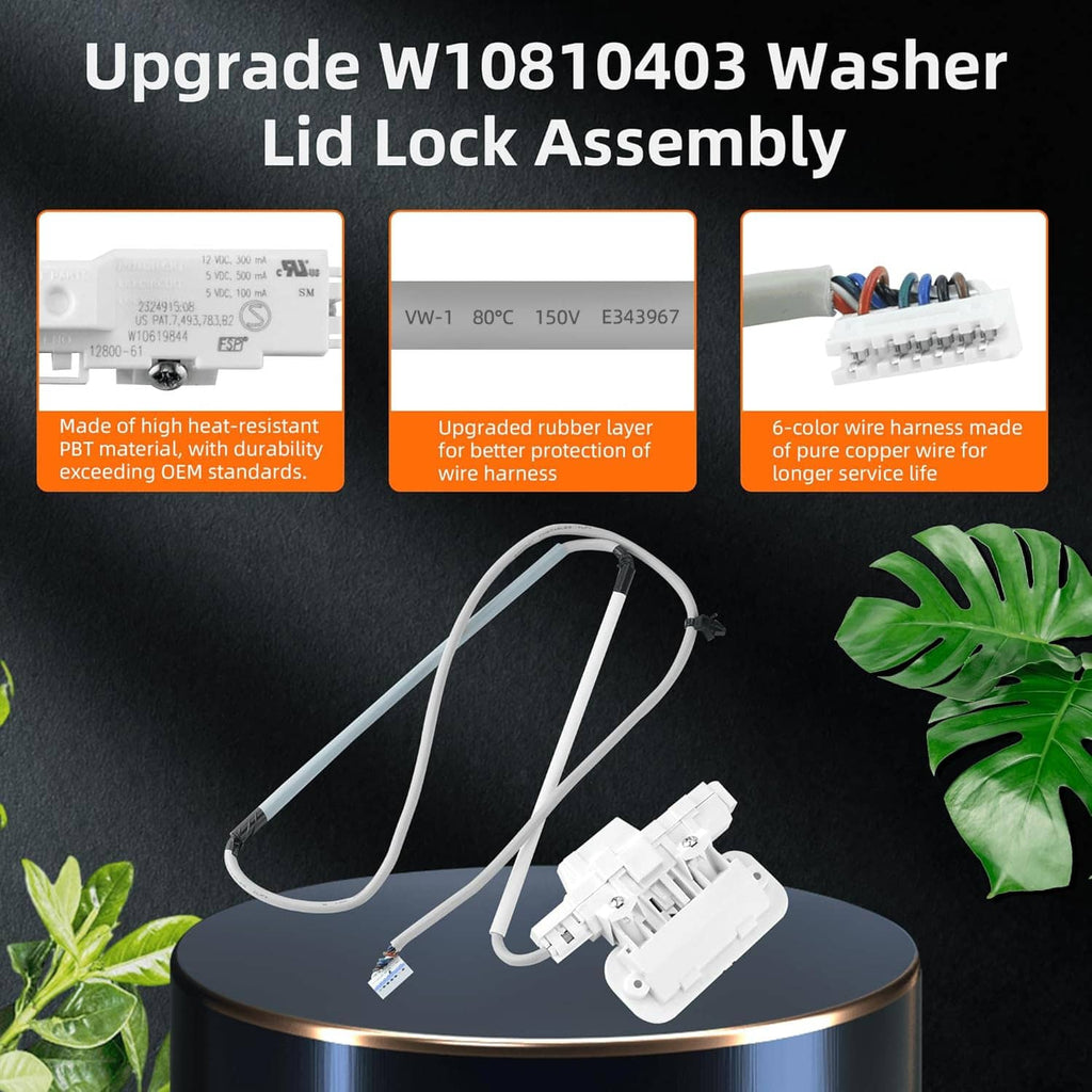 Washer lid lock assembly with wiring harness and white latch connector