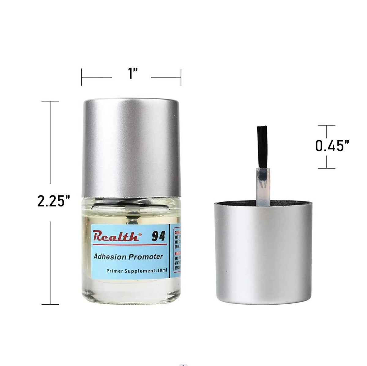 Adhesion promoter bottle and silver brush-cap applicator with height dimensions.
