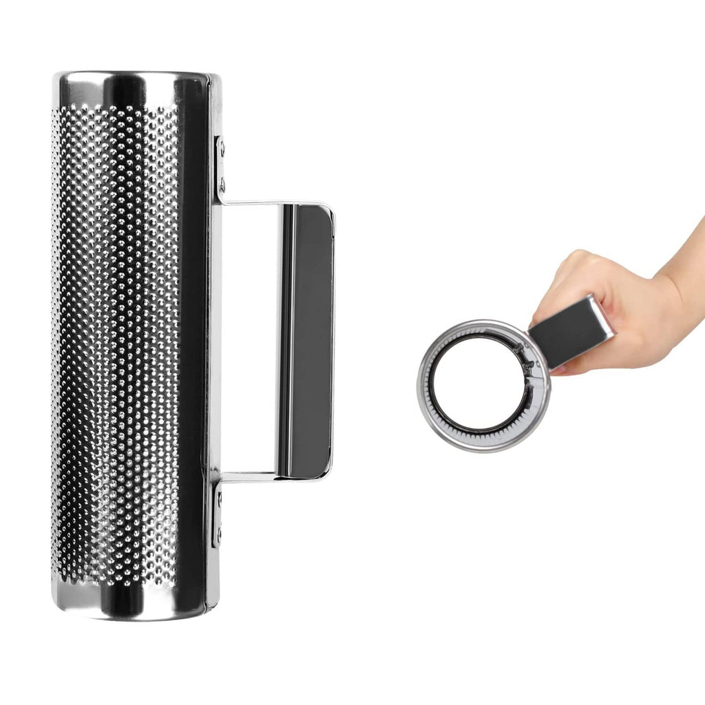 Stainless steel guiro held in hand, with attached scraper comb