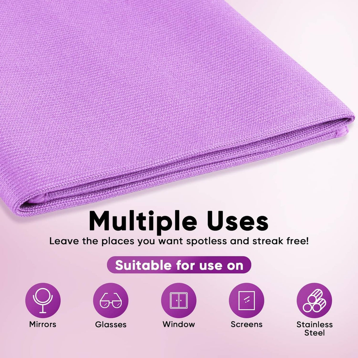 Purple microfiber cleaning cloth folded with visible stitched edge