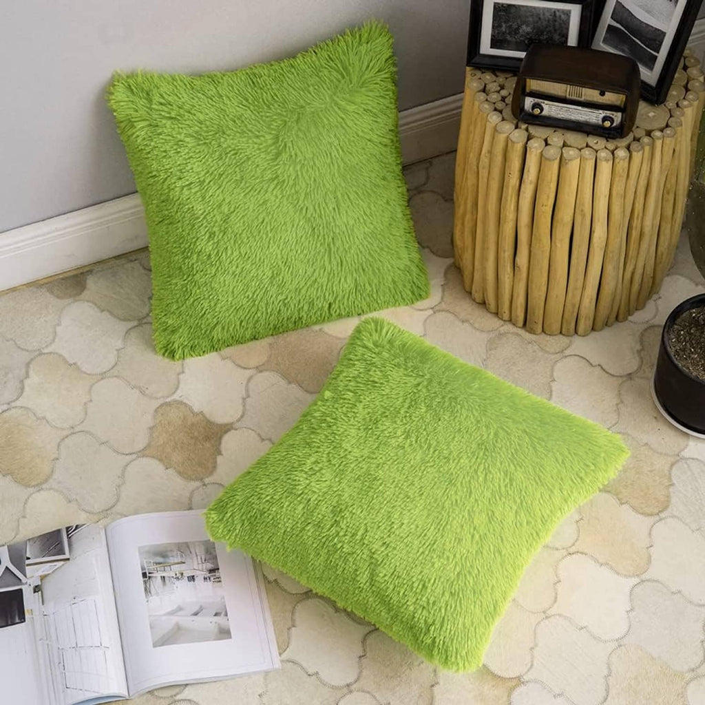 Green faux fur throw pillow cover with square shape and dense fluffy shag pile