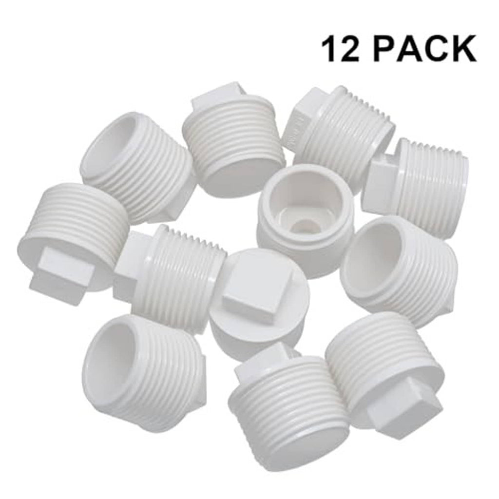12-pack of white PVC male-thread pipe end cap plug adapters with open interior
