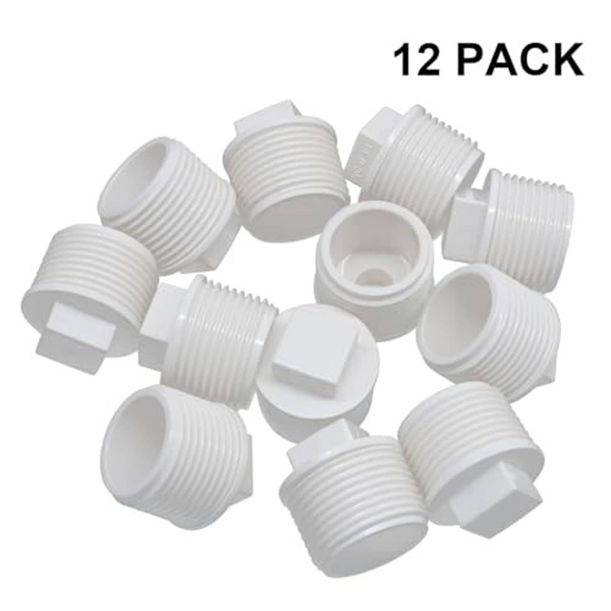 12-pack of white PVC male-thread pipe end cap plug adapters with open interior