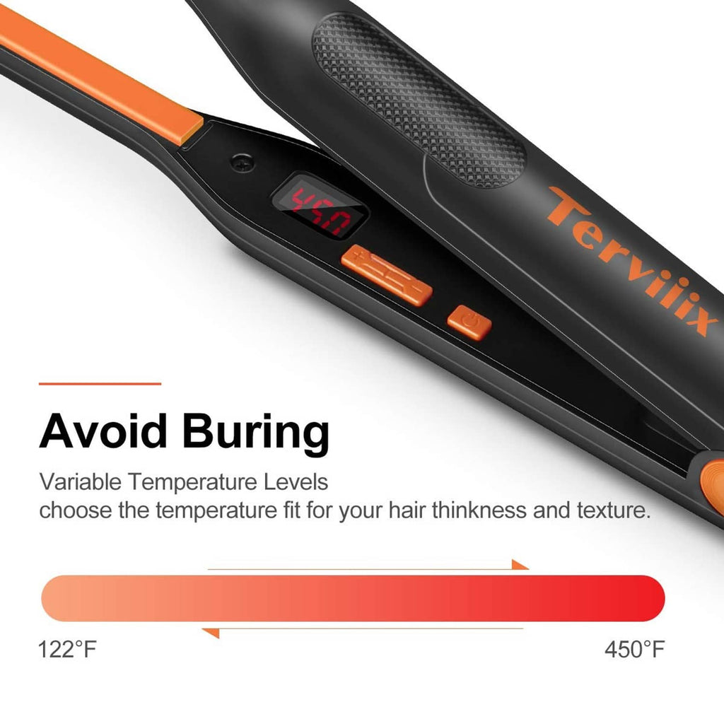 Black hair flat iron with digital temperature display and orange control buttons