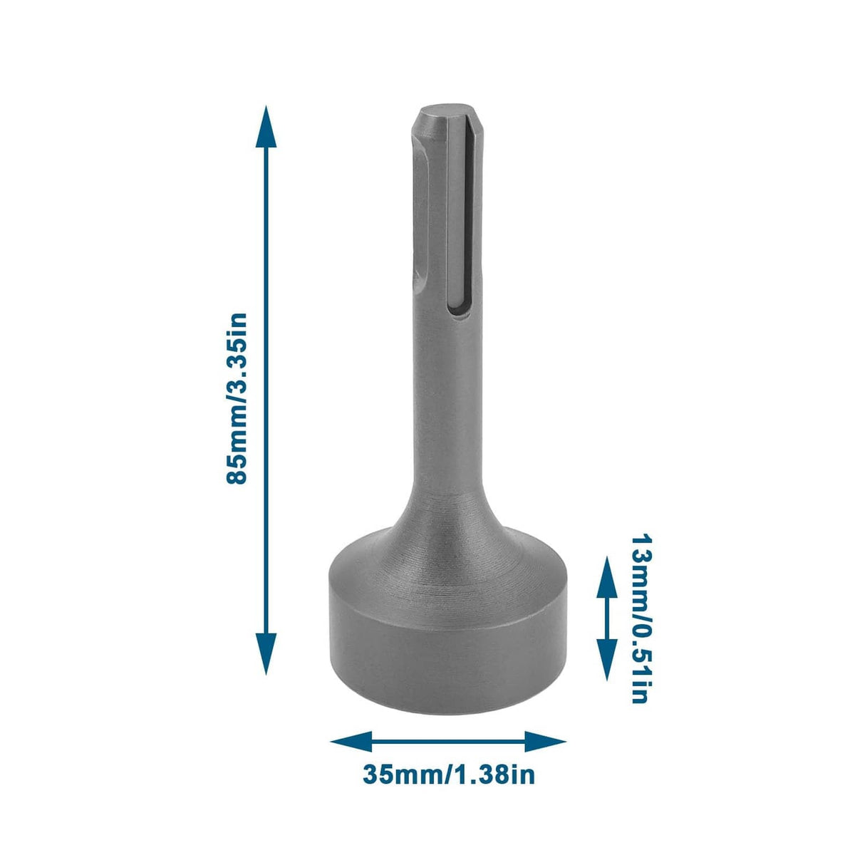 Ground rod driver adapter, grey steel with head and long shaft size dimensions