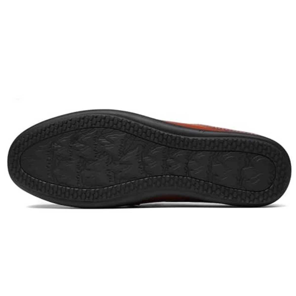 Men's brown leather slip-on loafer outsole with textured non-slip tread