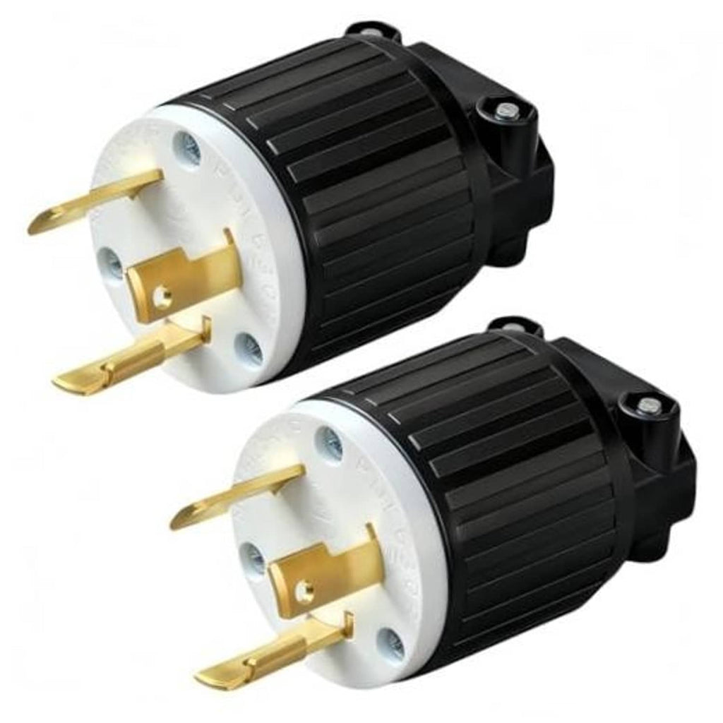 NEMA L5-30P locking plug pair, white faces and gold prongs on black twist-lock bodies