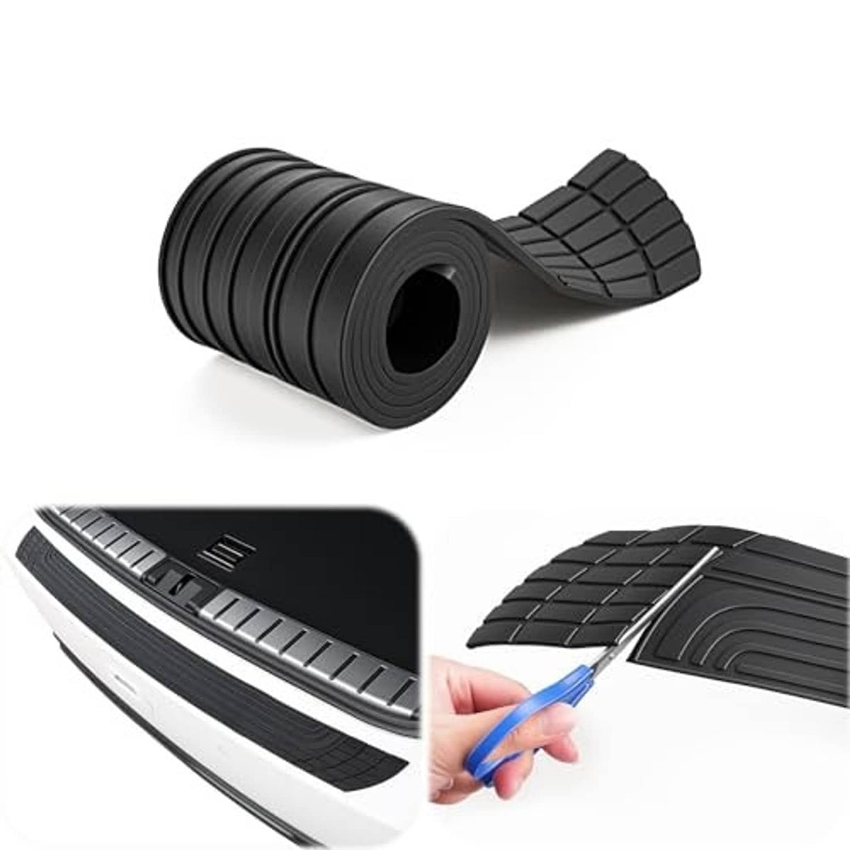 Black rear bumper protector strip with textured square tread and protective edge