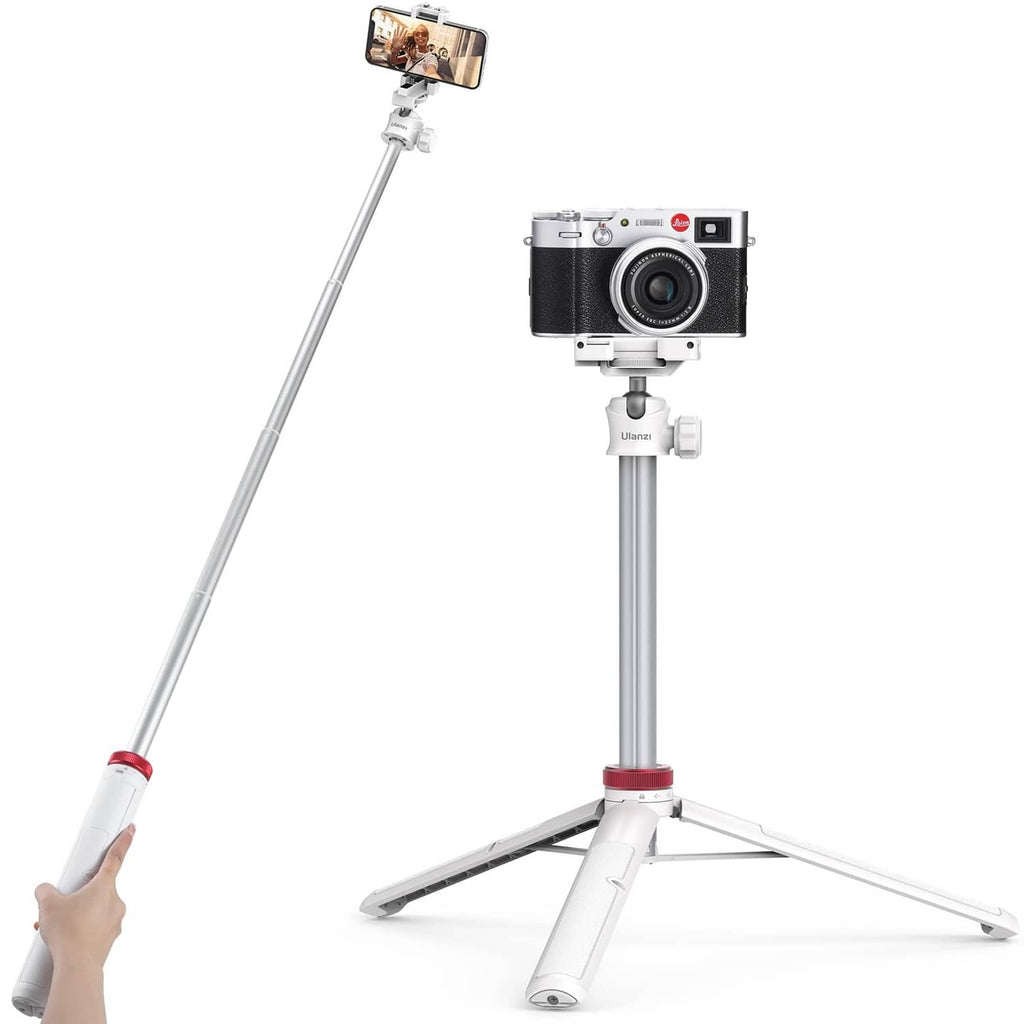 White extendable phone tripod with tabletop legs and phone clamp mount