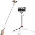 White extendable phone tripod with tabletop legs and phone clamp mount