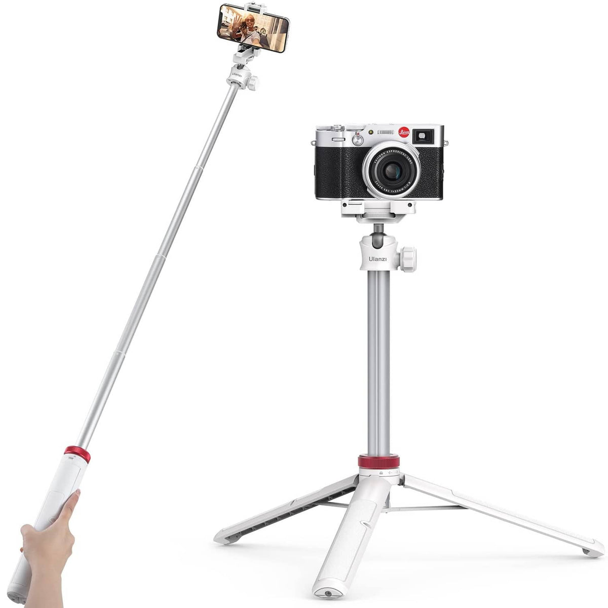 White extendable phone tripod with tabletop legs and phone clamp mount
