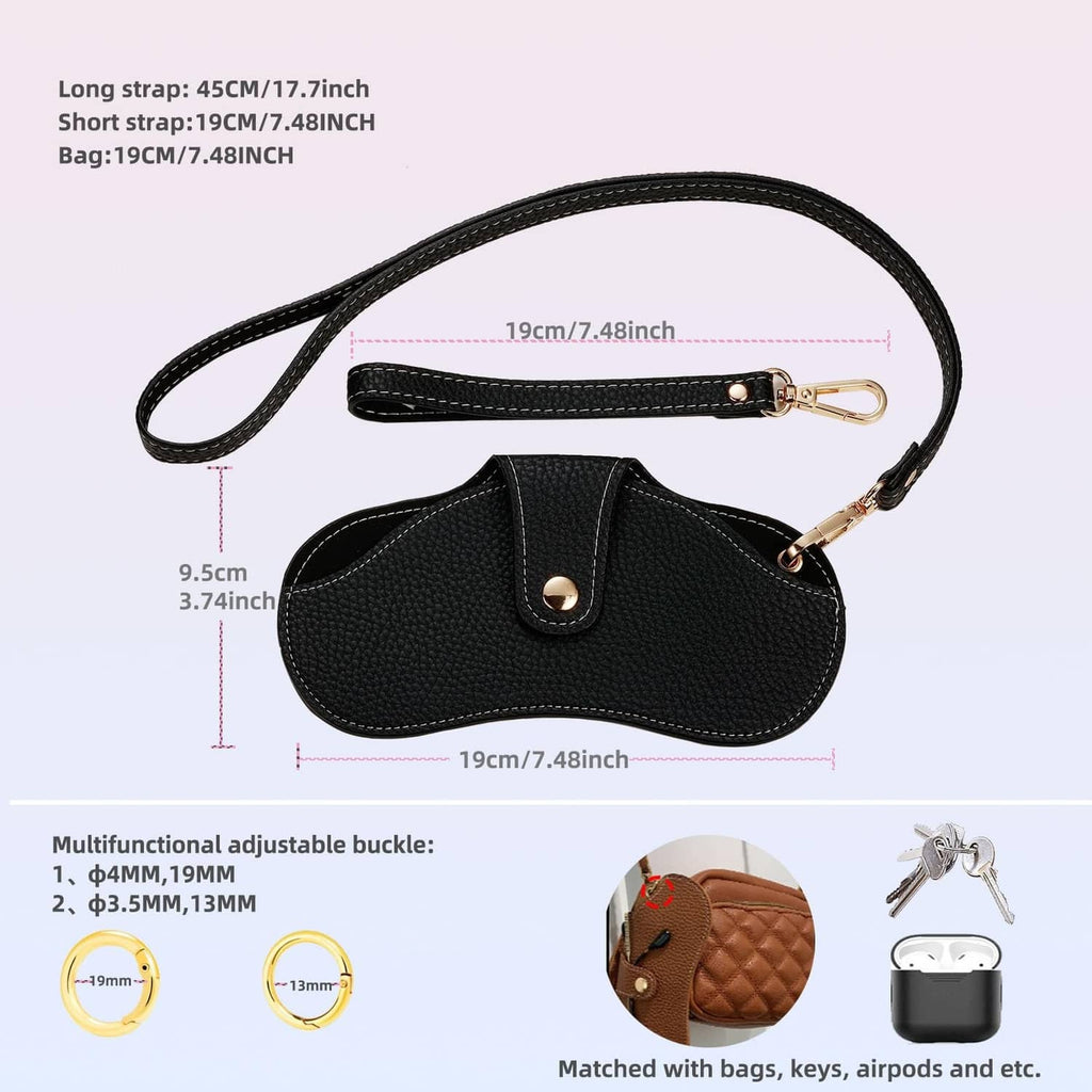 Black soft leather sunglasses case with adjustable strap and snap closure