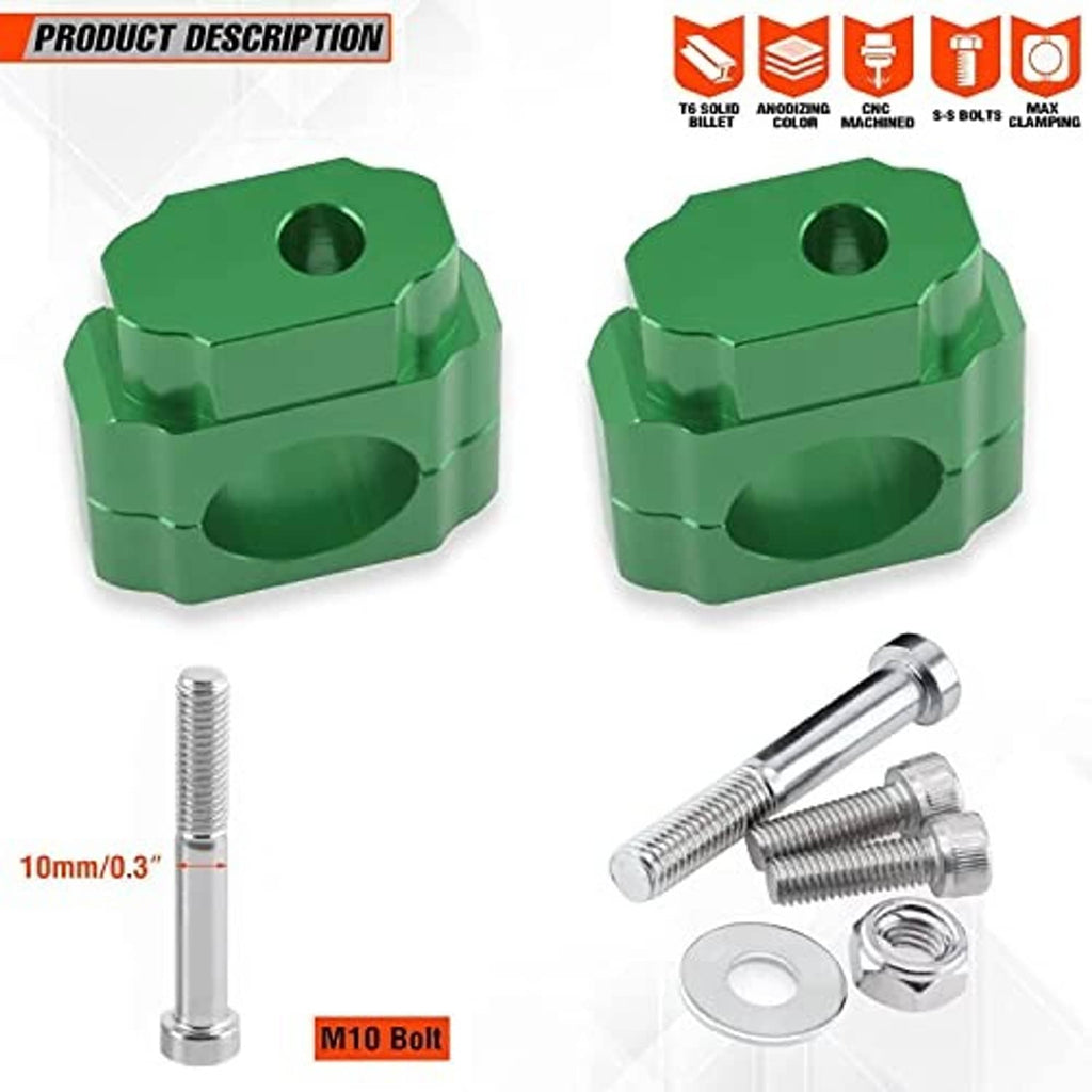 Green handlebar riser clamps with top hole, plus silver M10 bolts and washers