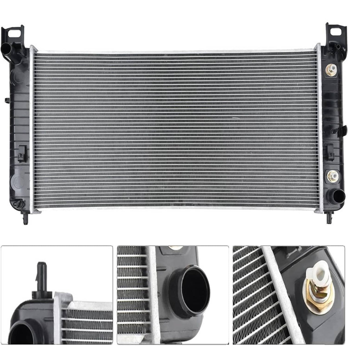Radiator with silver fin core and black end tanks; visible inlet/outlet ports and fittings
