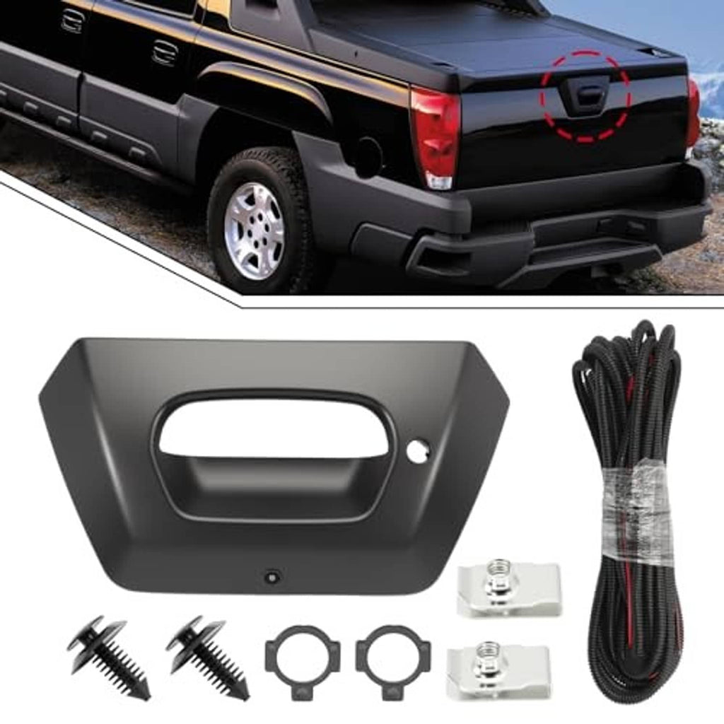 Matte black tailgate handle bezel trim with backup camera, shown on truck and included kit