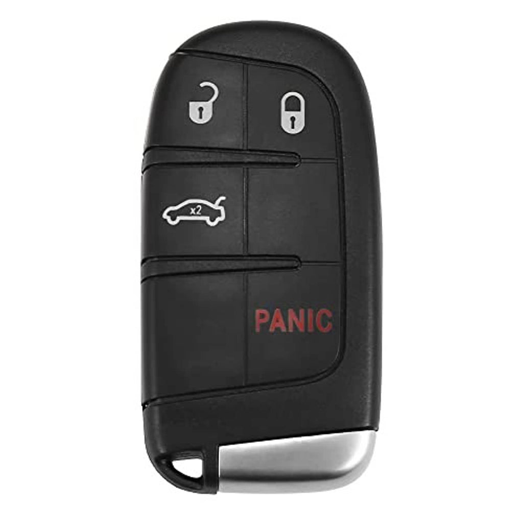 Black car proximity remote key with lock and unlock buttons and red PANIC label