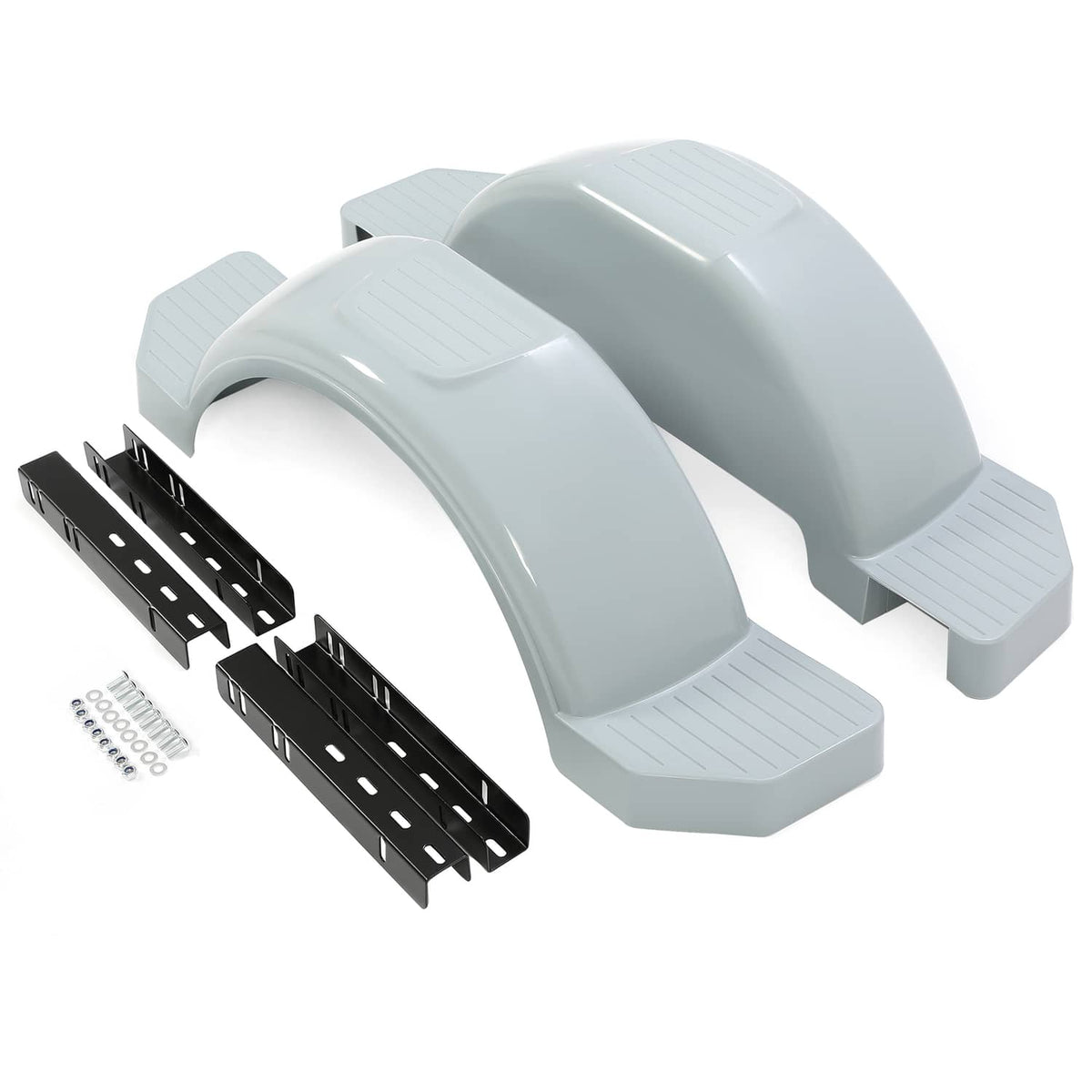 Light gray trailer fender pair with treaded side steps and black mounting rails