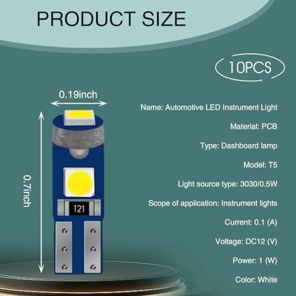 T5 wedge LED instrument light, white PCB with yellow LEDs, wedge base, 10-pack shown