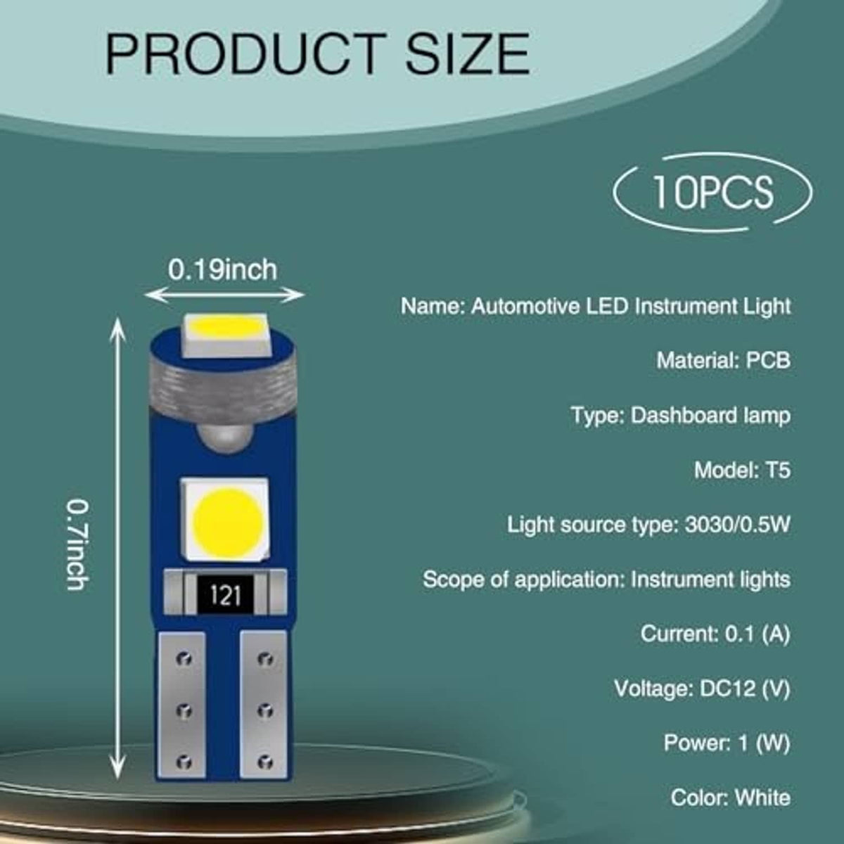 T5 wedge LED instrument light, white PCB with yellow LEDs, wedge base, 10-pack shown