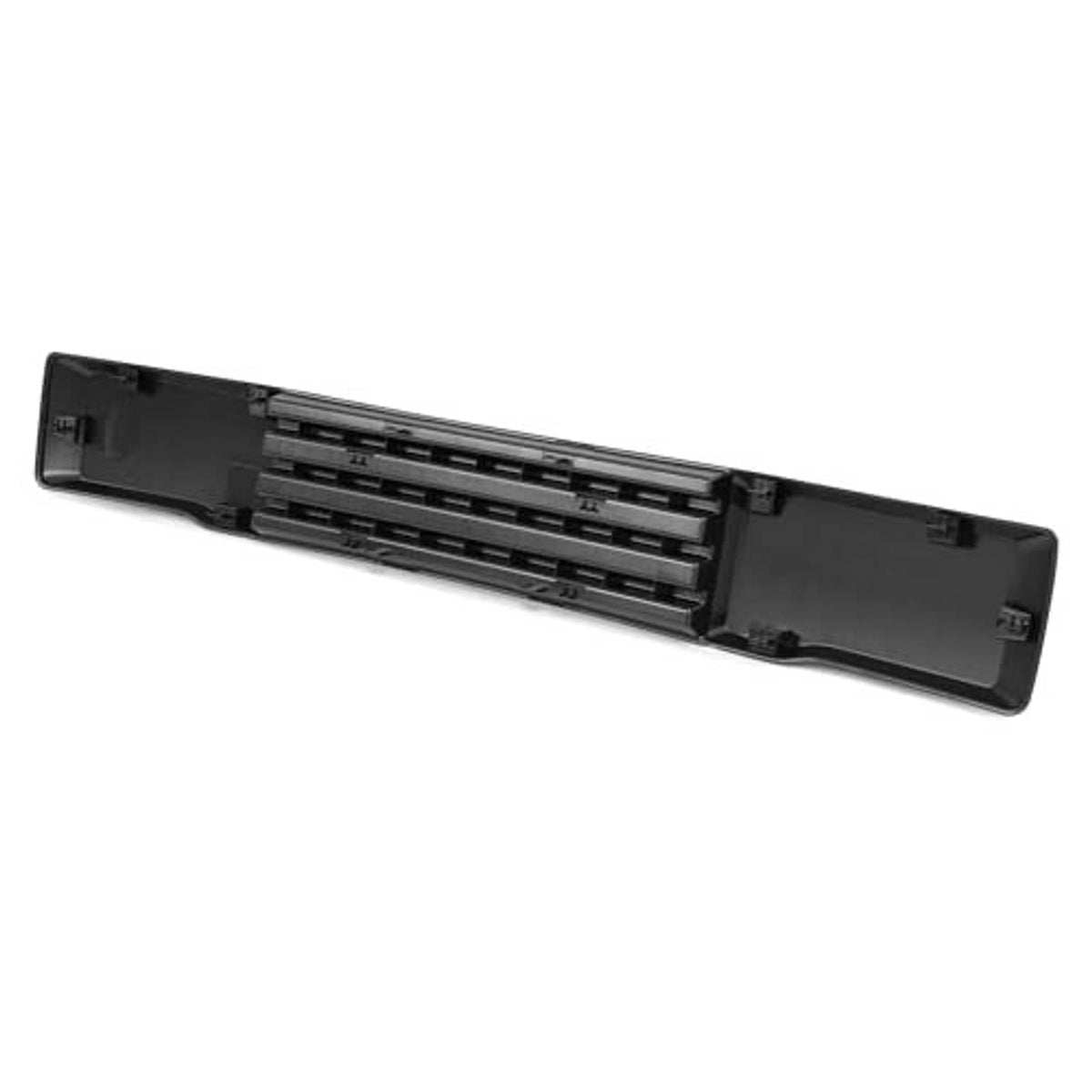 Black front bumper grille insert with centered horizontal bar slats and side tabs