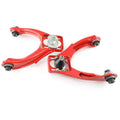 Red front adjustable camber control arms with ball joint mounting brackets