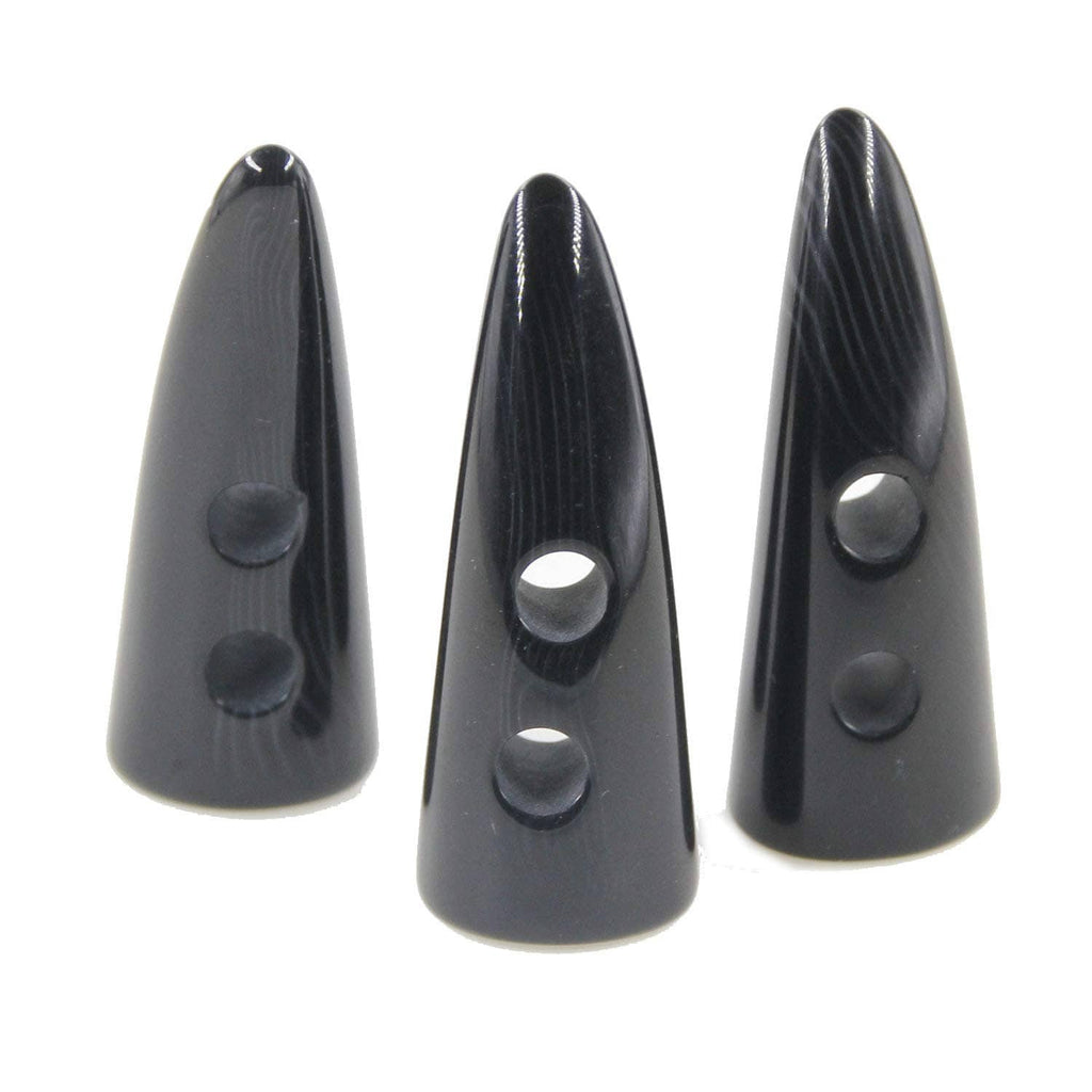 Black resin horn-shaped toggle buttons with two holes, close-up
