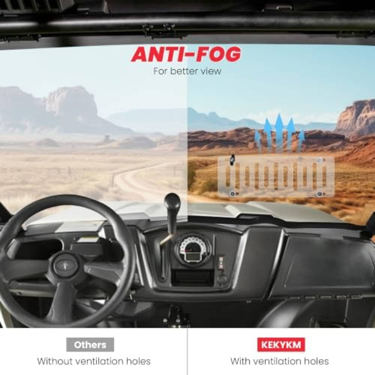 Front UTV windshield with black frame, clear panel, and vented insert blocks
