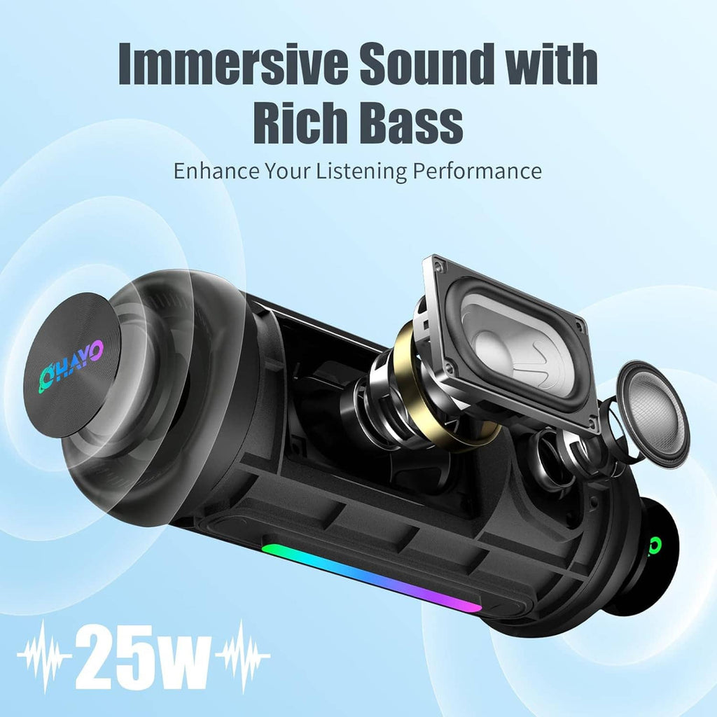 Black cylindrical speaker with exposed driver and grille, showing internal speaker design