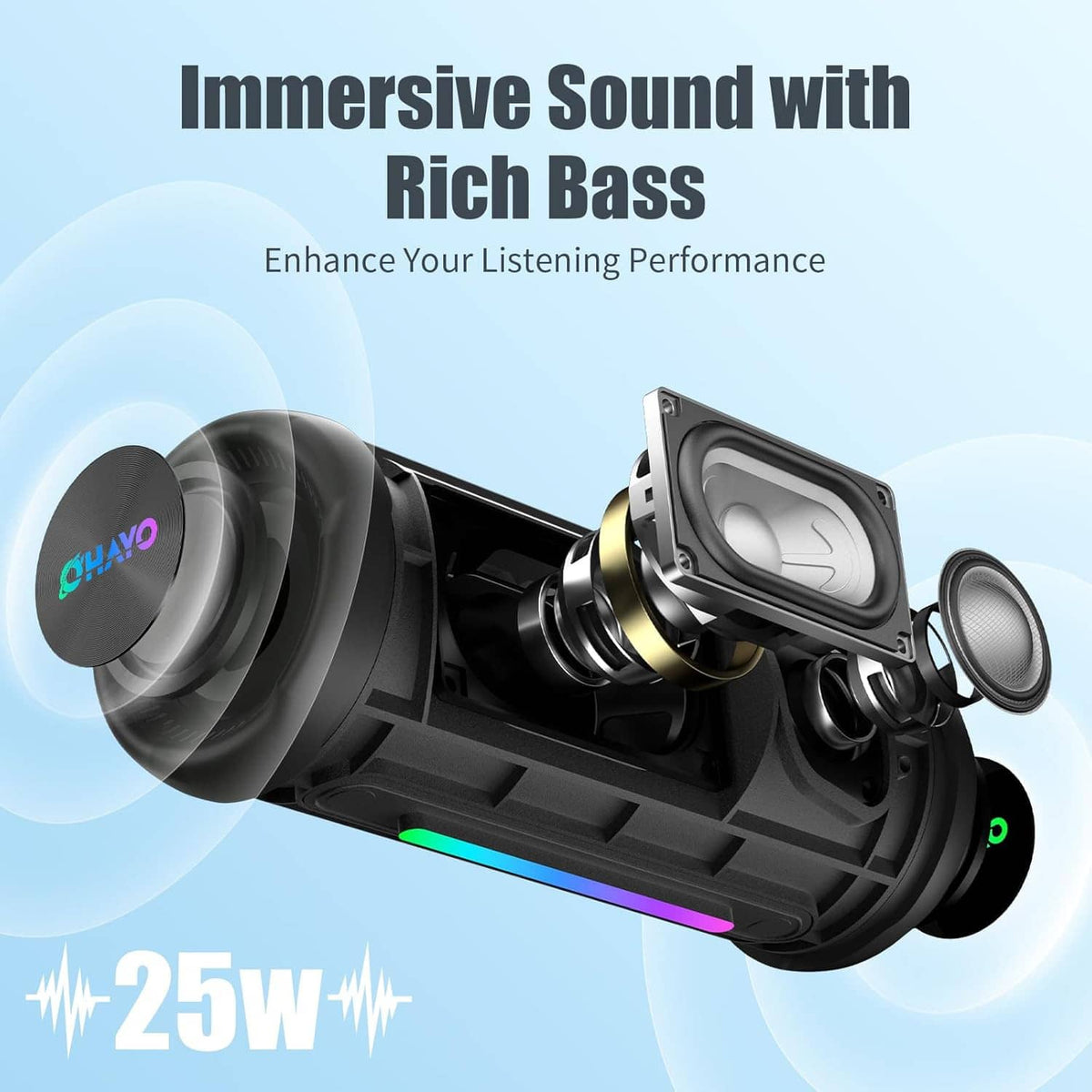Black cylindrical speaker with exposed driver and grille, showing internal speaker design