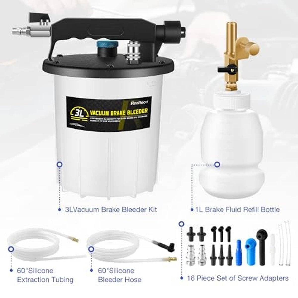Vacuum brake bleeder kit parts layout: pump unit, refill bottle, tubes, and screw adapters