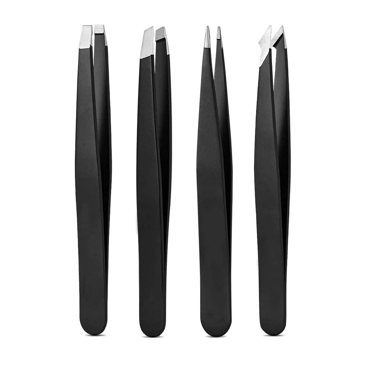 Black stainless steel precision tweezer set with four pointed tips