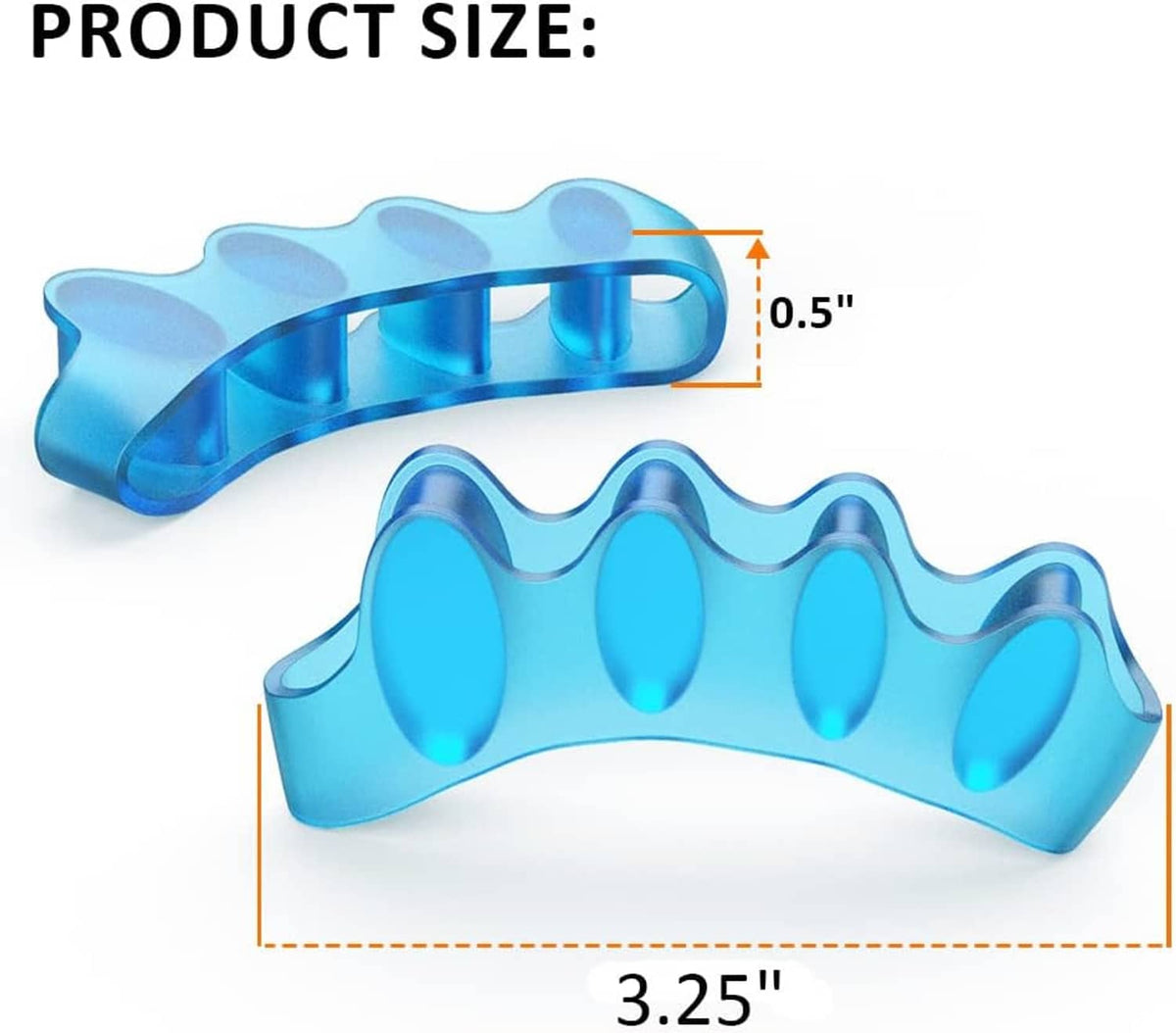 Blue gel toe spacer size diagram, two molded supports with toe dividers