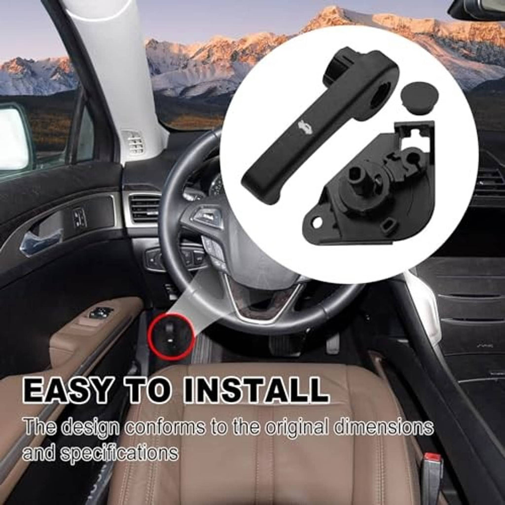 Black hood release handle installed near steering wheel interior, with visible control knob