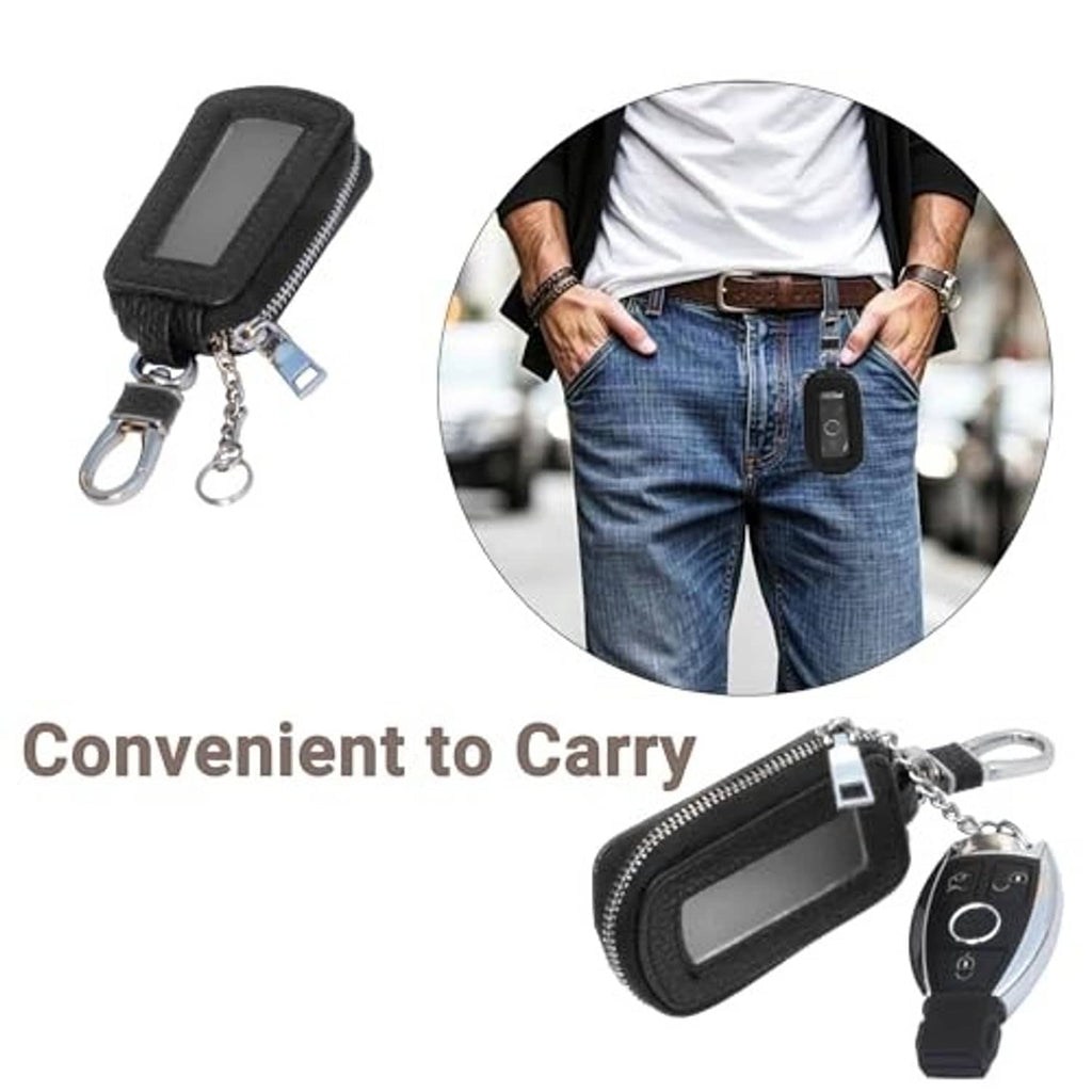 Black leather key fob case with metal key rings, zipper closure, and key fob slot