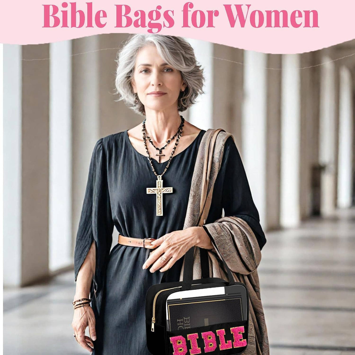 Black Bible bag with pink chenille BIBLE patch, top handle, and front pocket