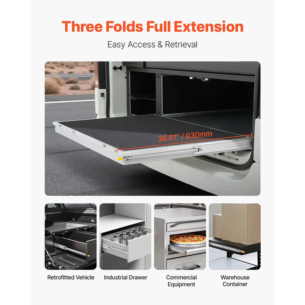 Three-fold full-extension drawer slide in an open toolbox drawer, smooth travel