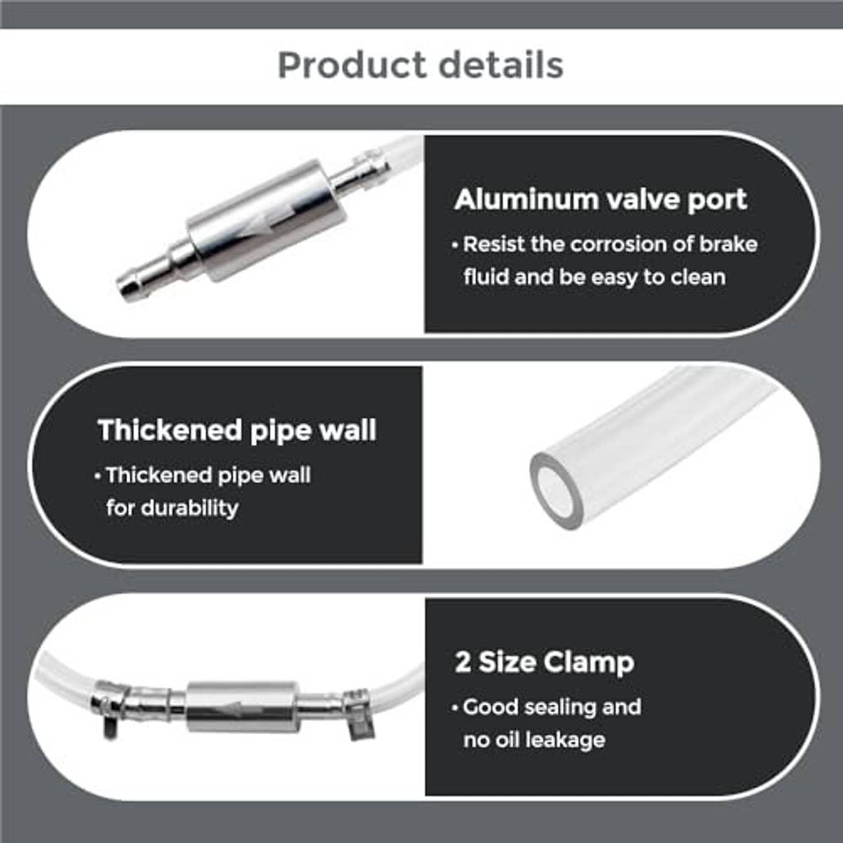 Brake bleeder kit details: aluminum valve port, thickened hose pipe, and two clamps.