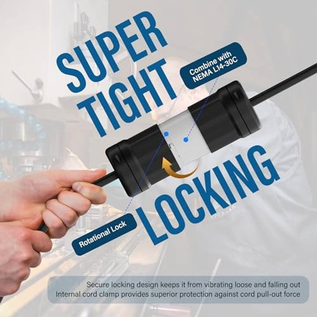 Rotational locking generator plug with black connector body and gold prongs