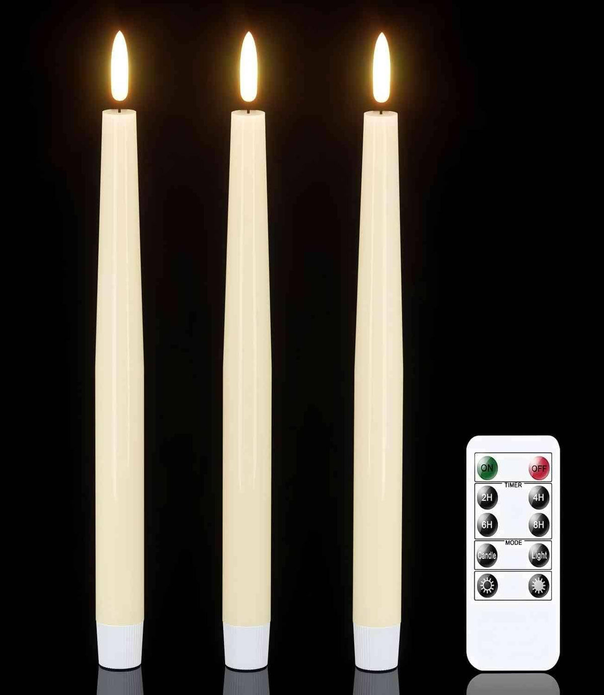 Set of three ivory flameless taper candles with remote timer controls