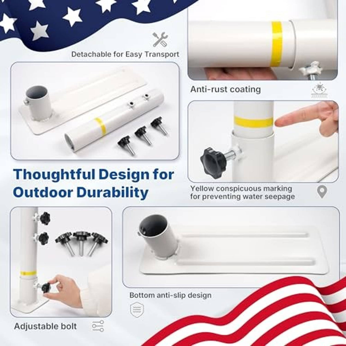 White metal flag pole mount with detachable parts and anti-rust coating