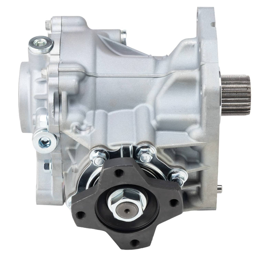 Silver transfer case assembly side view with output shaft gear teeth