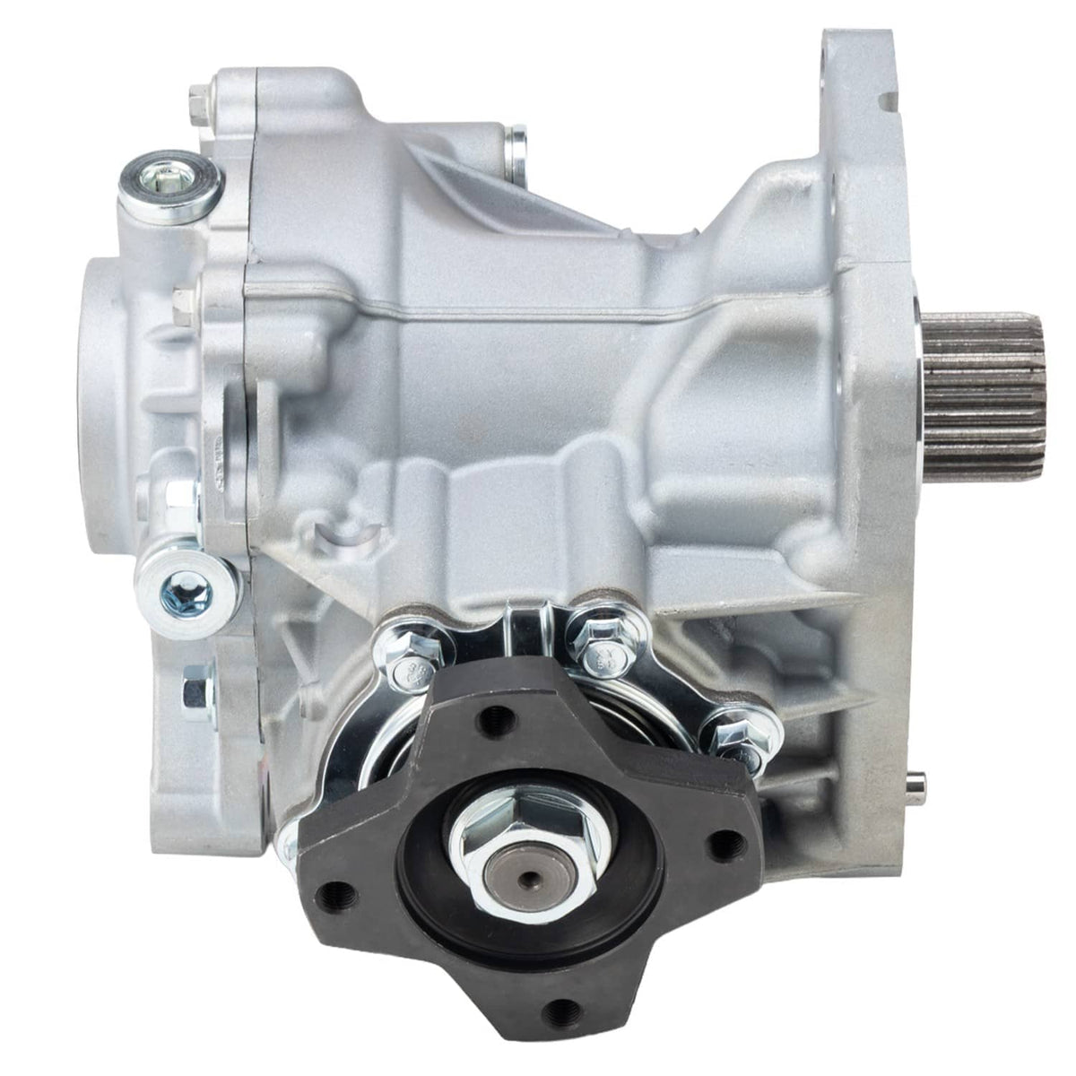 Silver transfer case assembly side view with output shaft gear teeth
