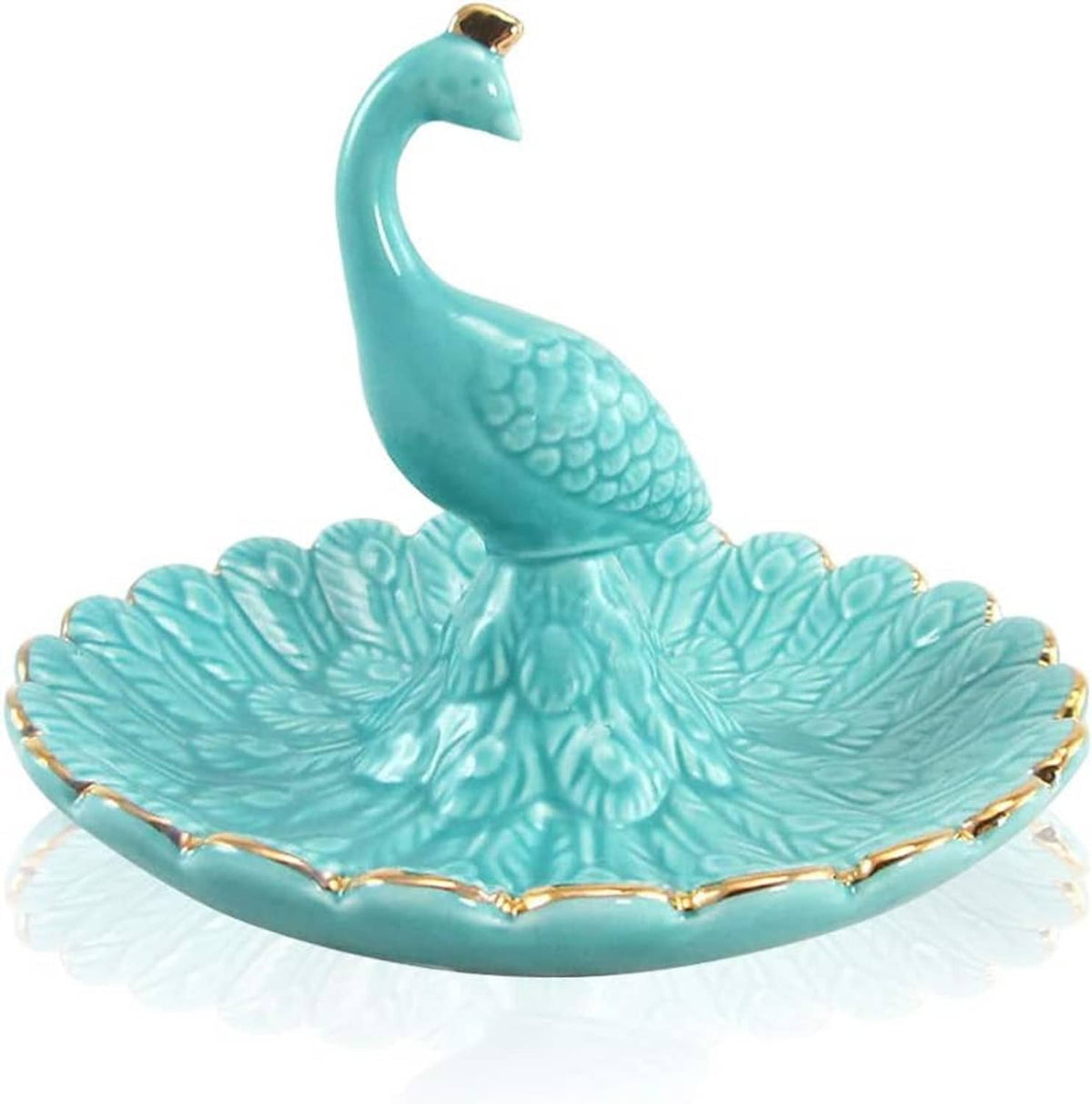 Turquoise peacock ring dish with textured center, gold edging, and scalloped tray rim