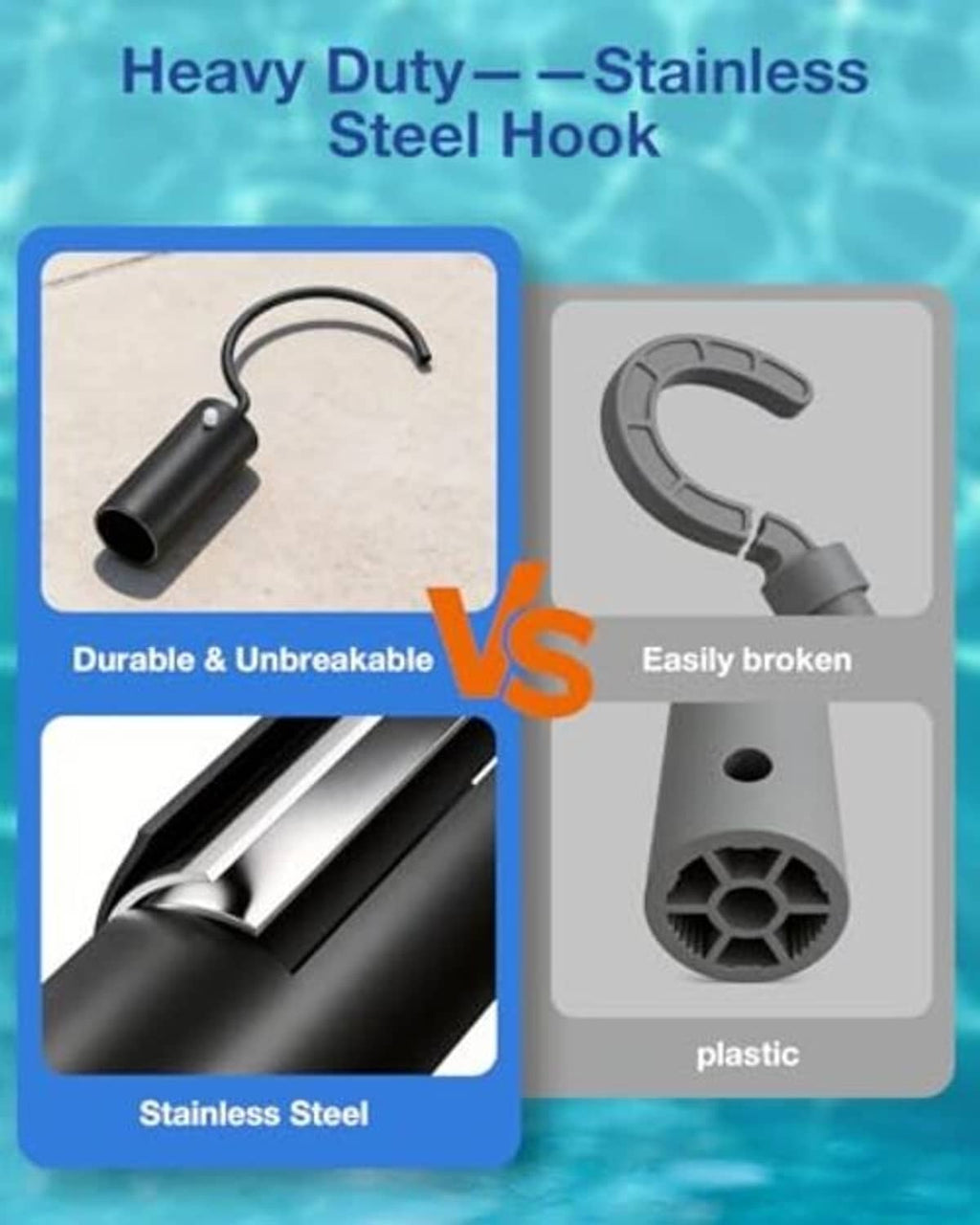 Stainless steel pool hook with black cylindrical holder shown in comparison view